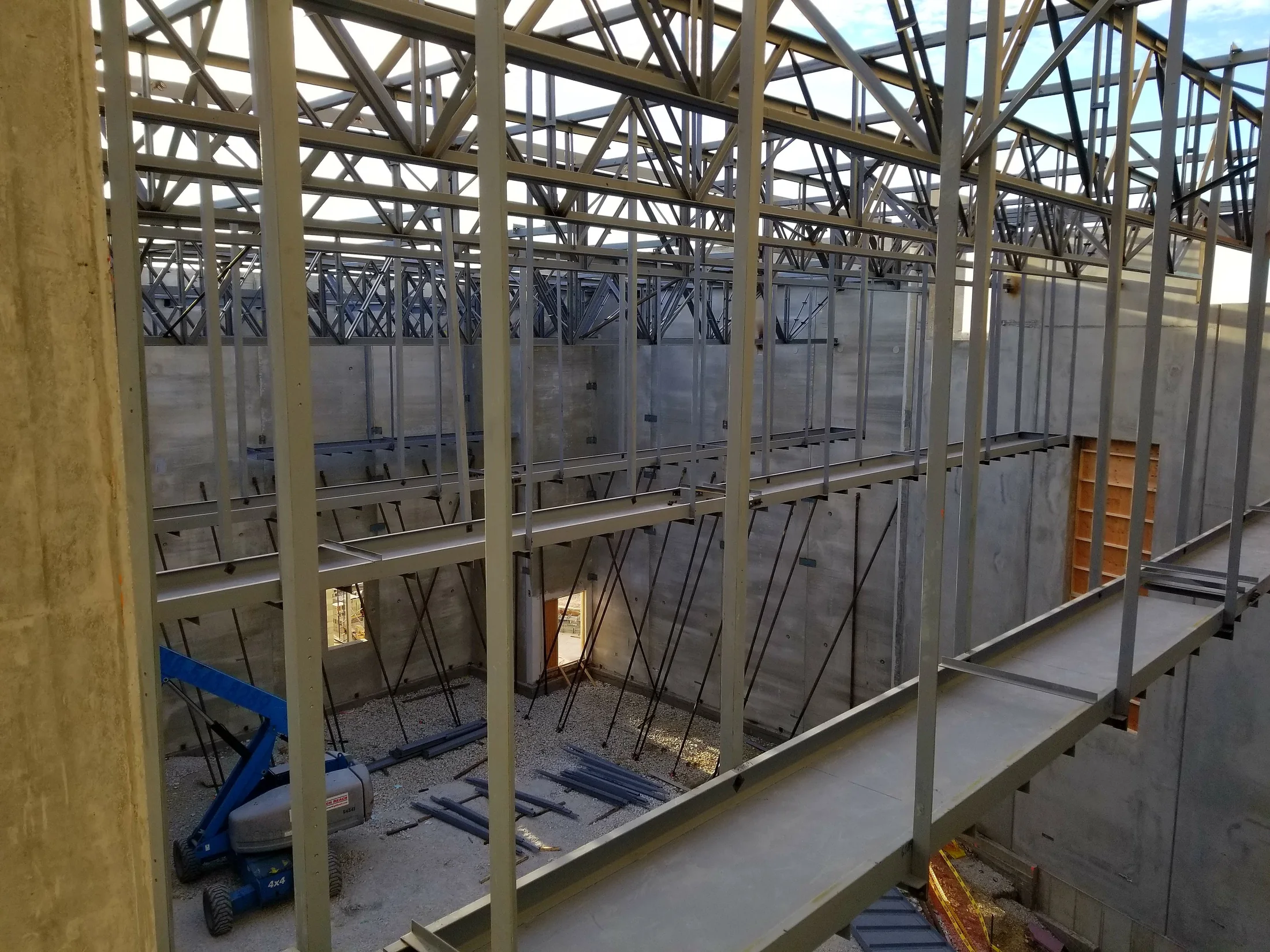 Interior steel framing and reinforcement work at Oak Lawn High School